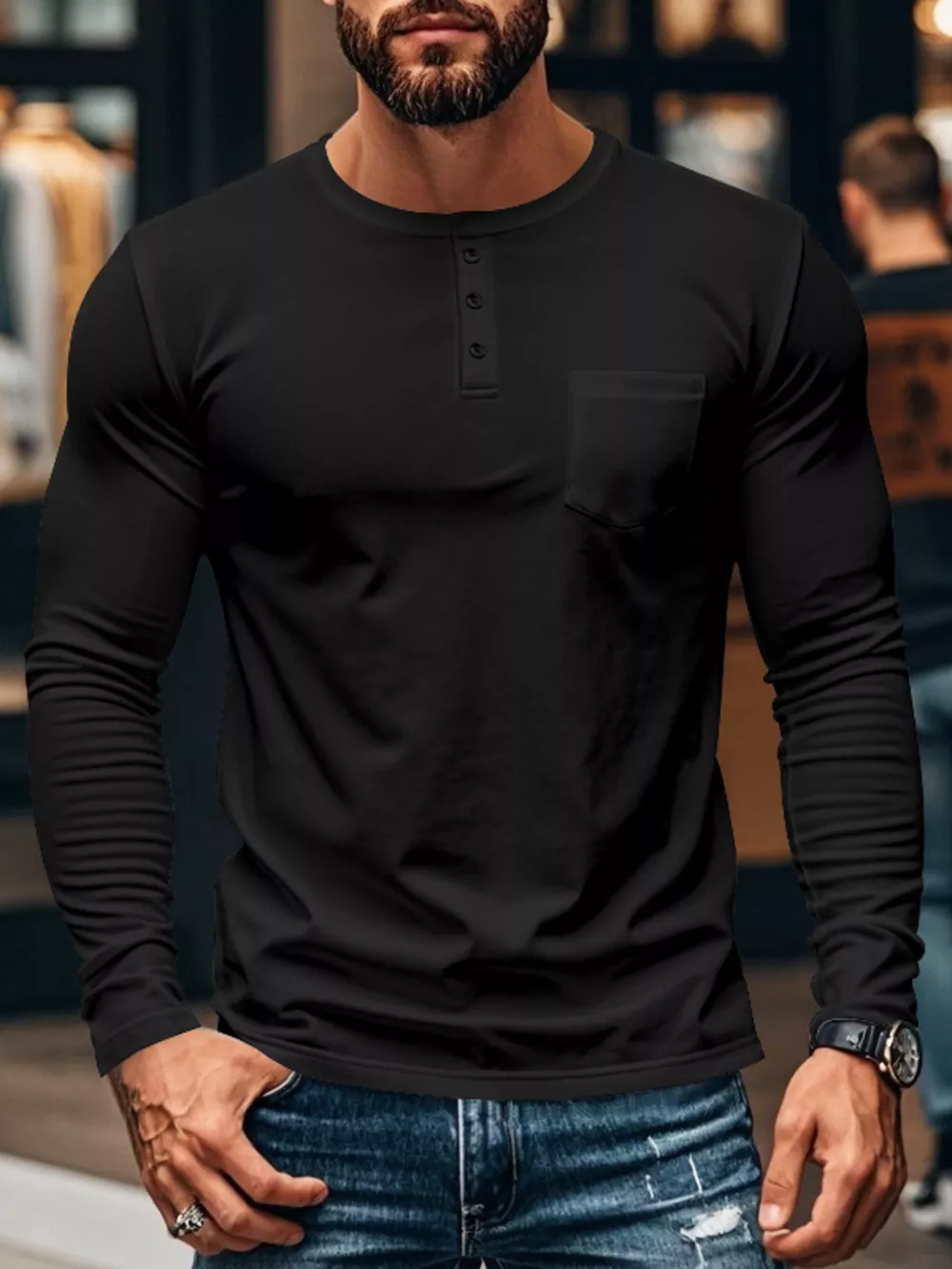Men's Plus Size Casual Long Sleeve Henley T-Shirt with Pocket, image 11
