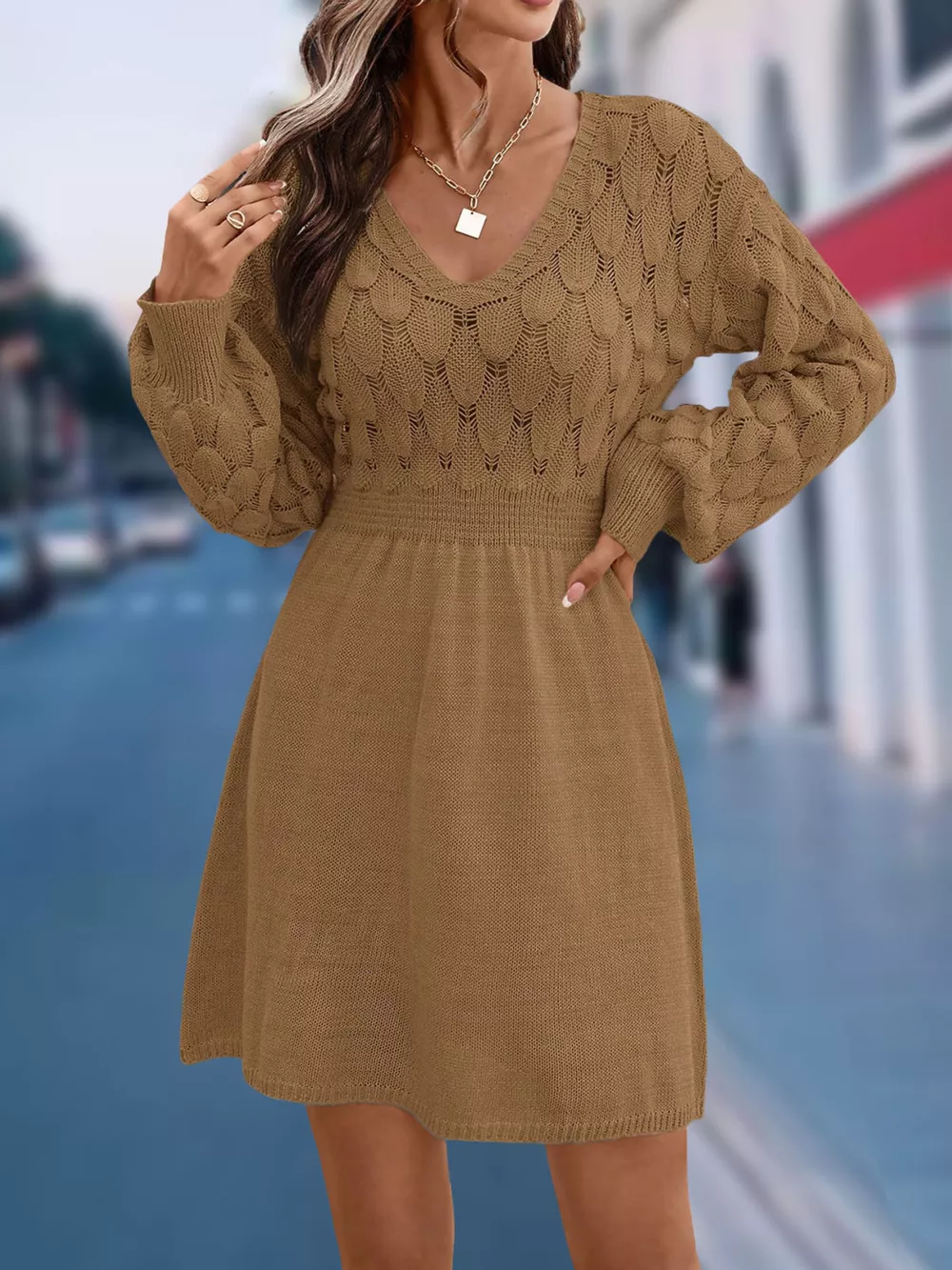 V-Neck Long Sleeve Sweater Dress, image 15