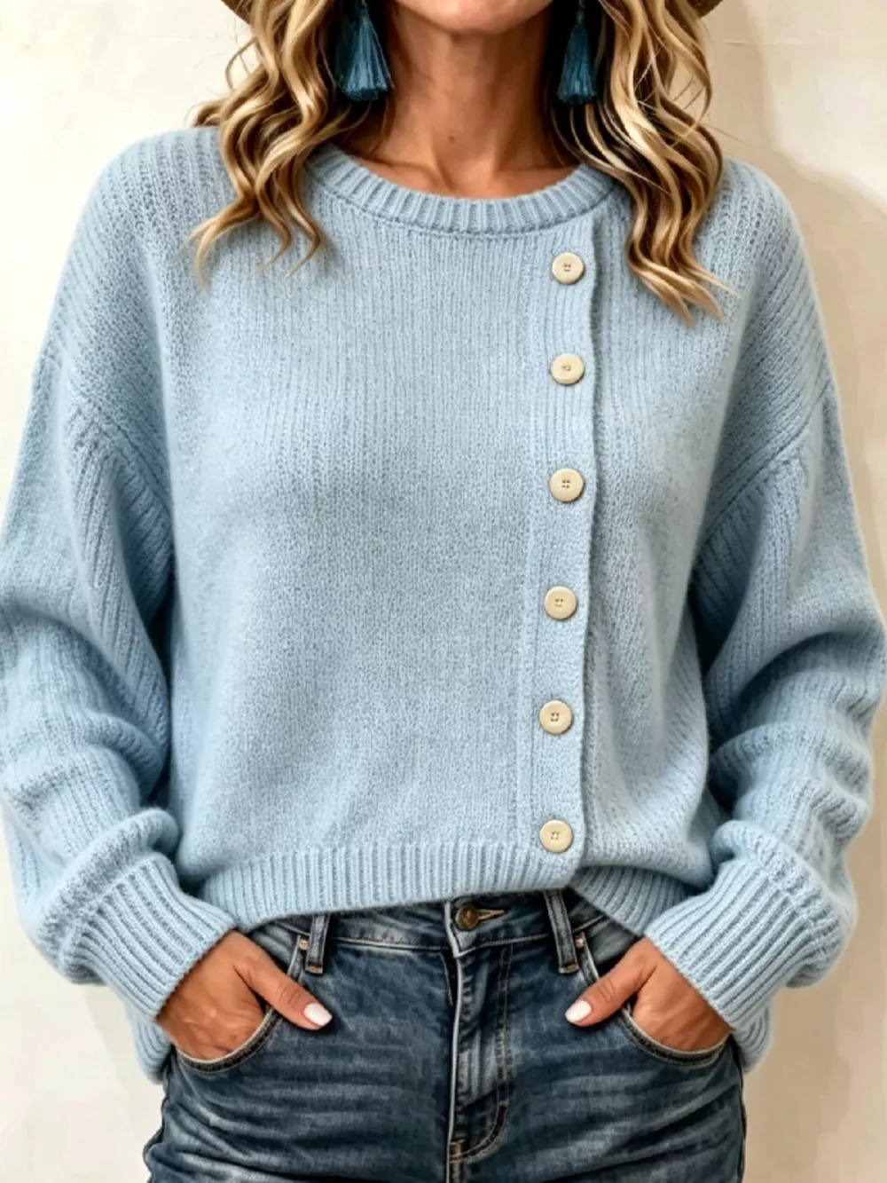 Decorative Button Dropped Shoulder Sweater