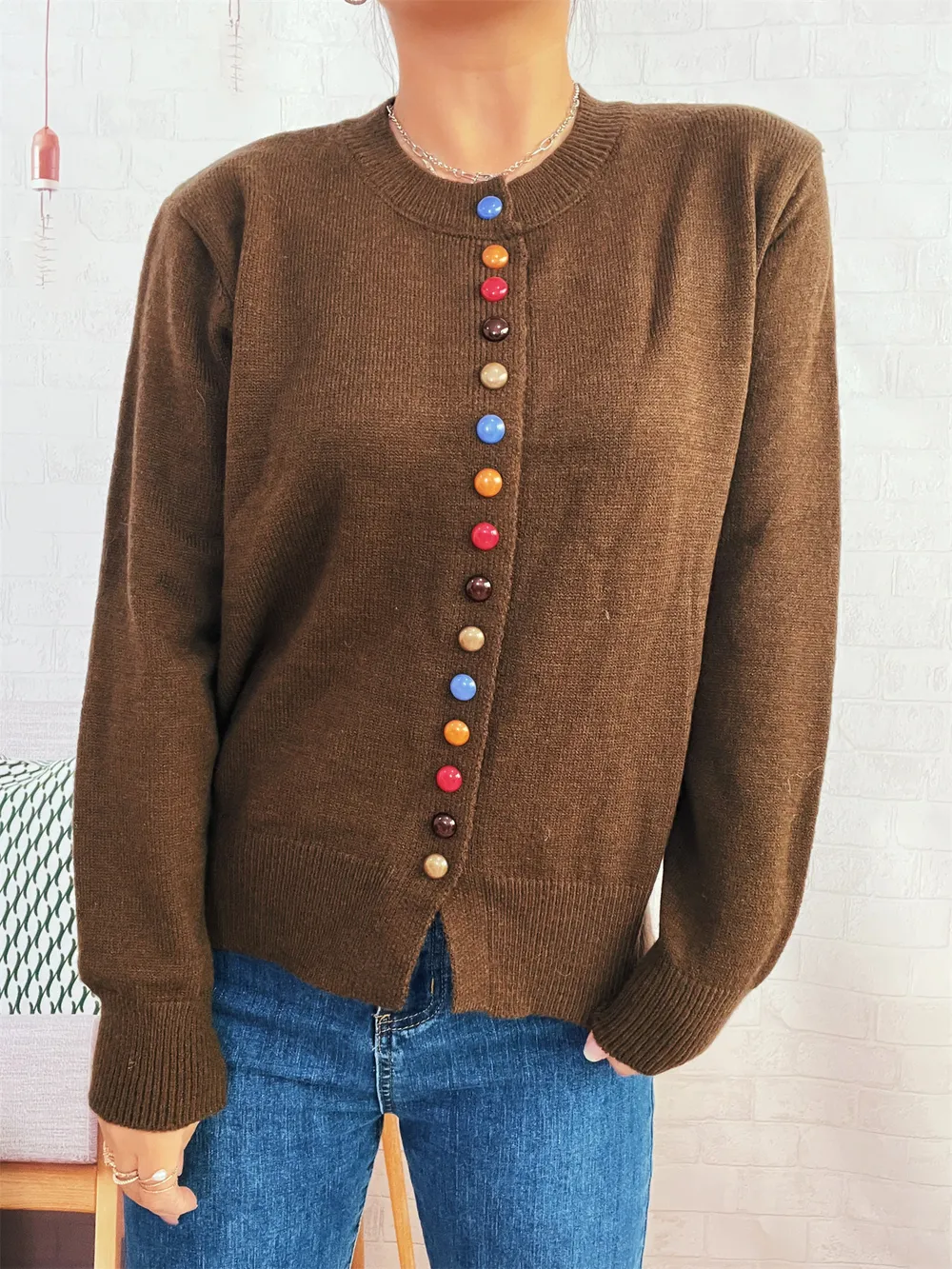 Button-Front Cardigan with Colorful Detail Buttons, image 16