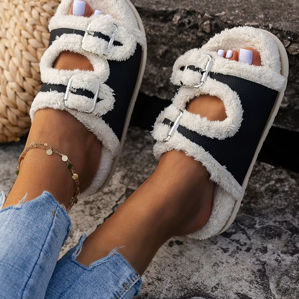Buckle Decor Plush Lined Platform Slippers, image 8