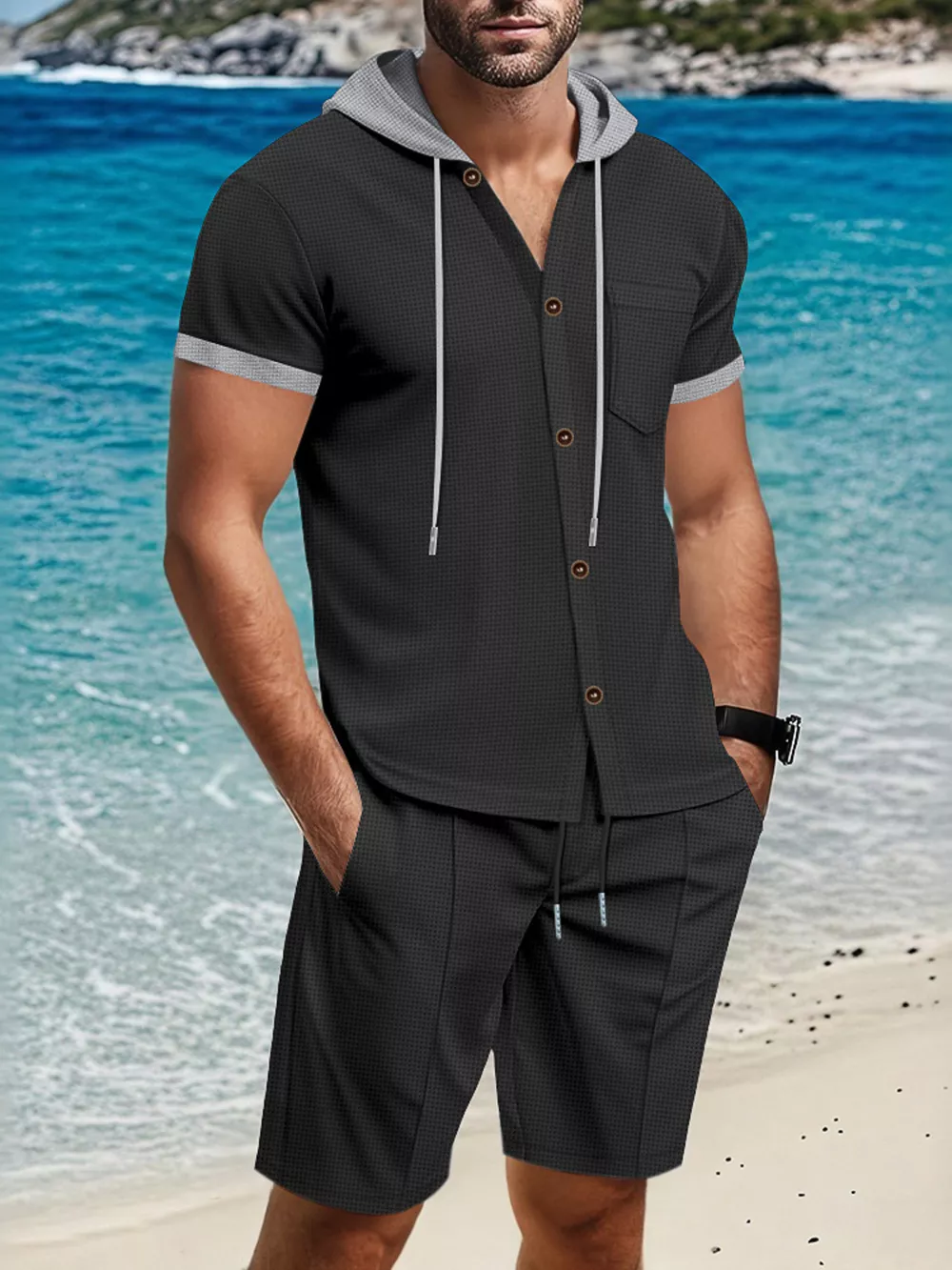 Men's Full Size Casual Hooded Top & Shorts Set Plus Size