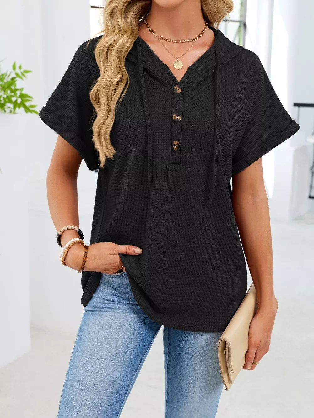 Casual Waffle Knit Button Detail Hooded Top, image 23