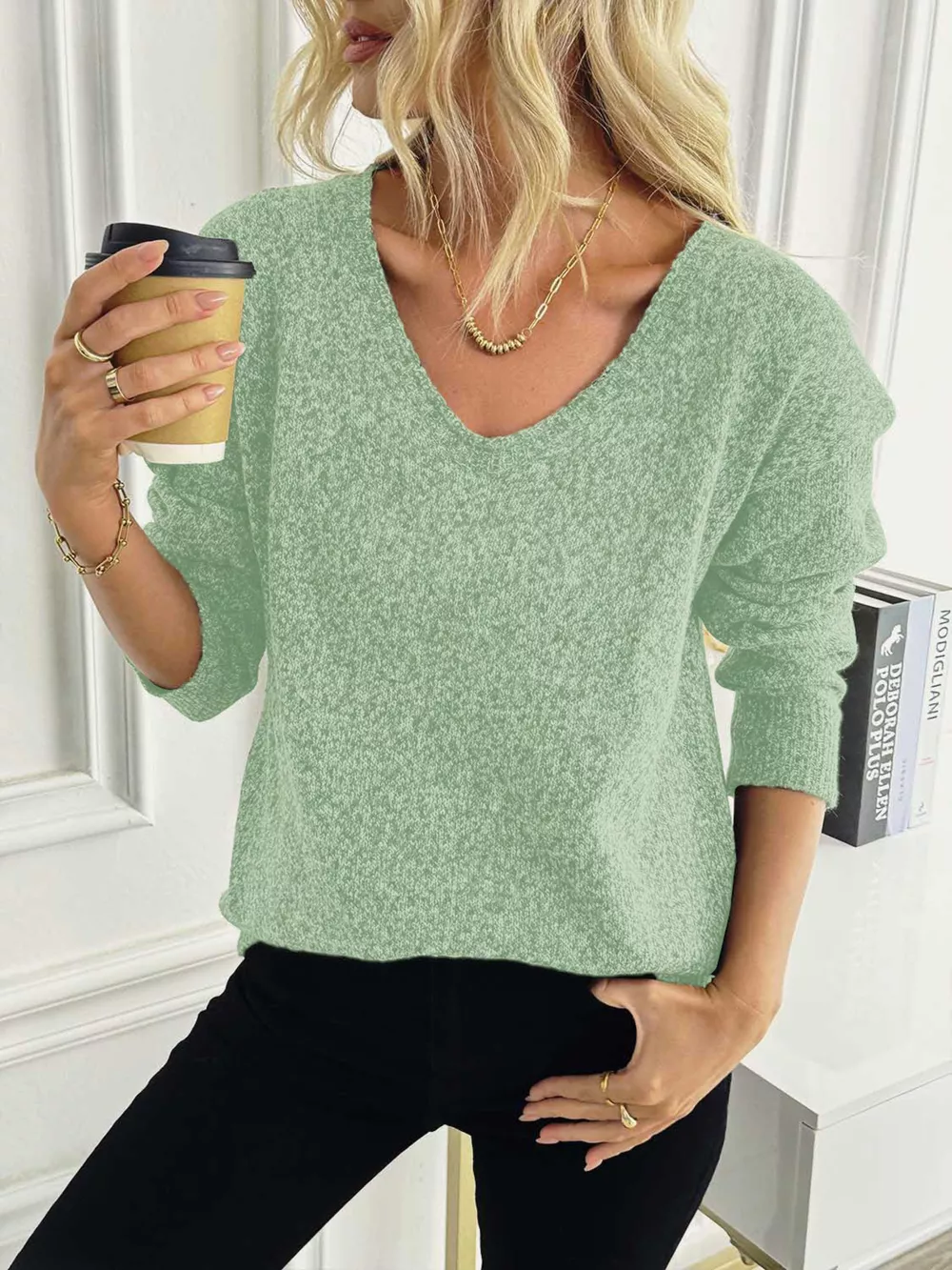 Casual V-Neck Drop Shoulder Sweater, image 8