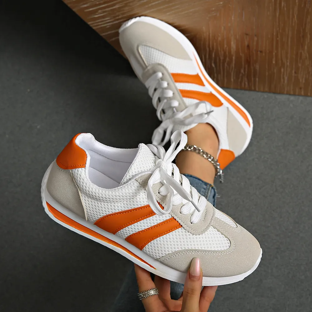 Striped Contrast Mesh Lace Up Sneakers, image 11