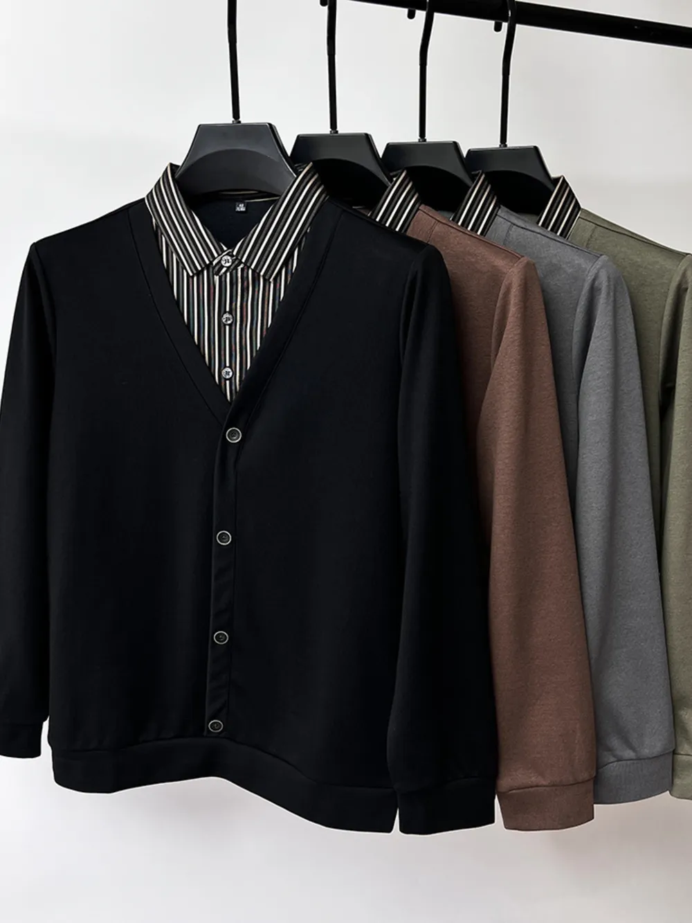Men's Plus Size Striped Collar Detail Long Sleeve Top, image 2