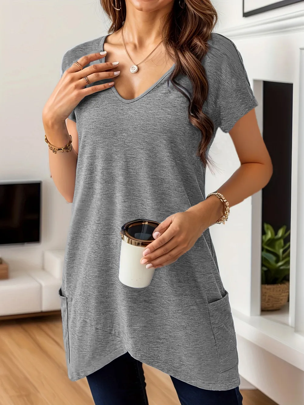 Full Size V-Neck Pocket Front Asymmetric Hem T-Shirt Plus Size, image 7