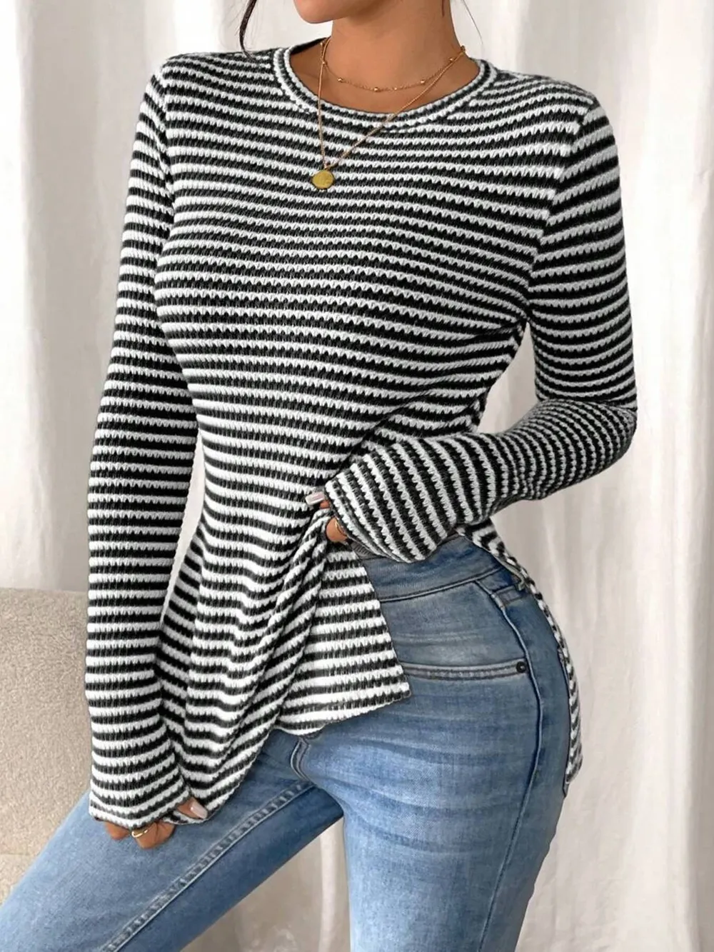 Side Slit Striped Long Sleeve T-Shirt, image 12