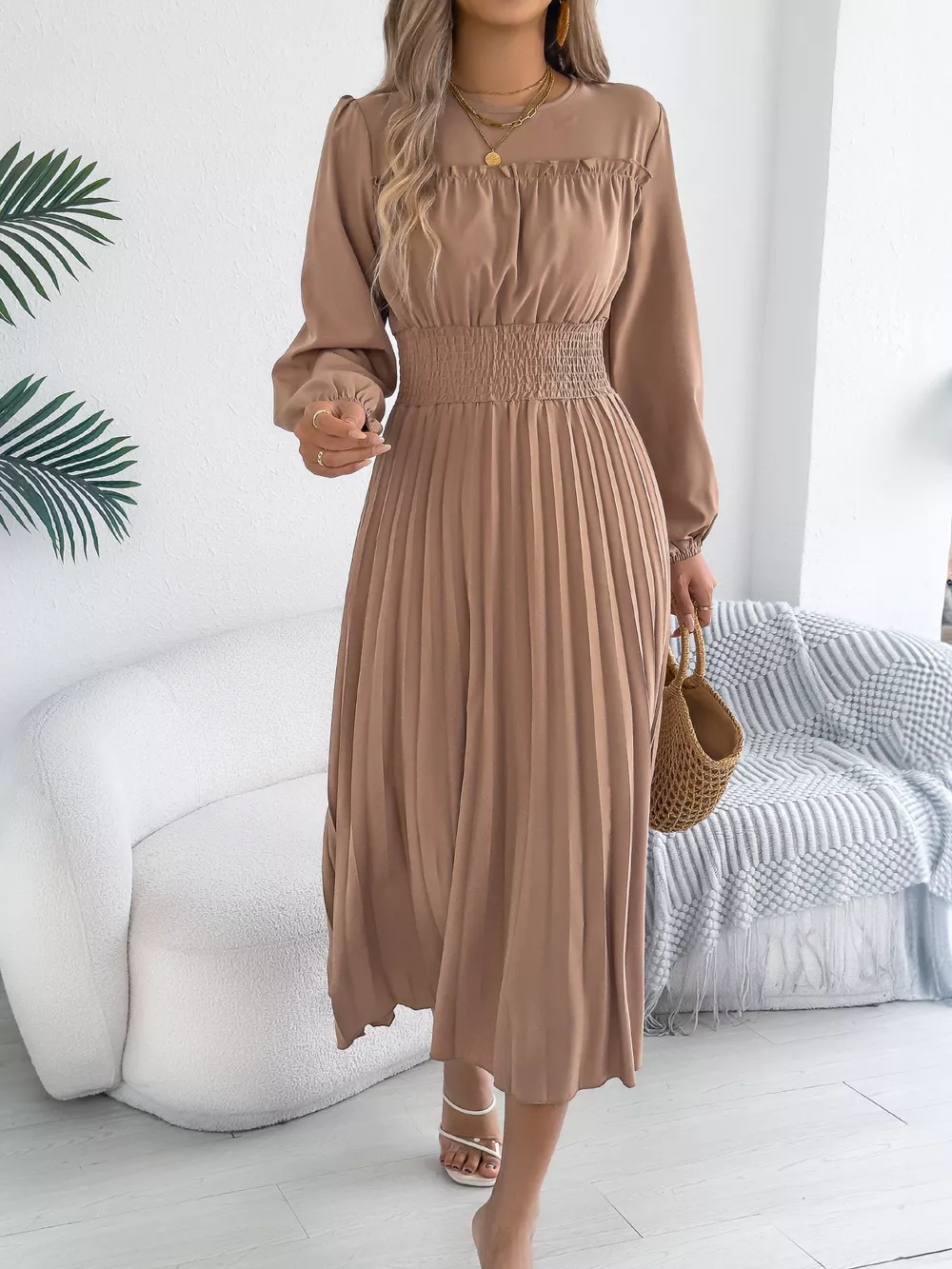 Smocked Pleated Long Sleeve Midi Dress, image 16