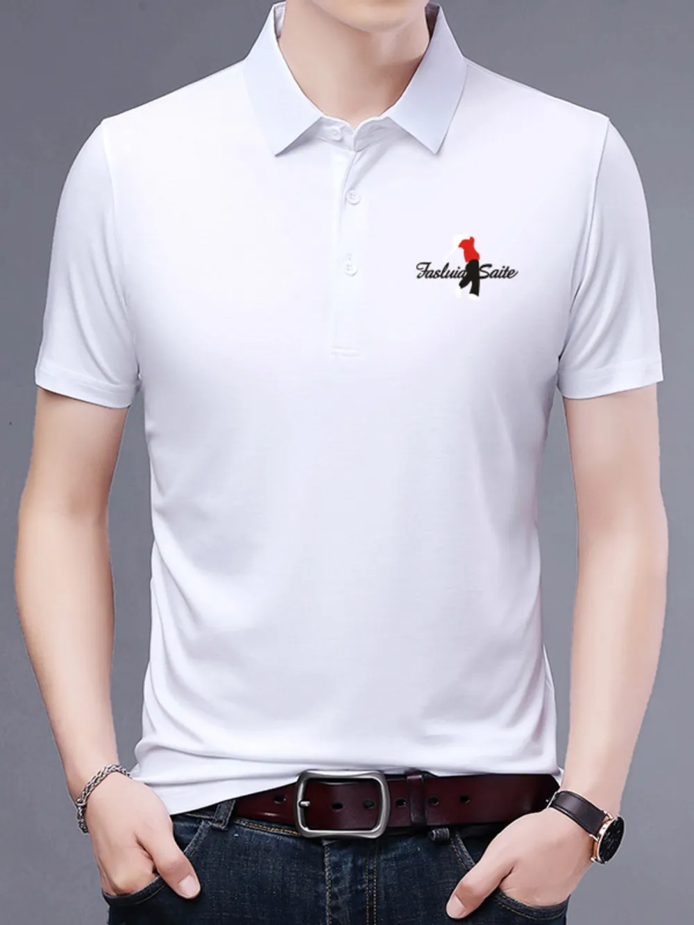 Men's Plus Size Embroidered Detail Short Sleeve Polo, image 3