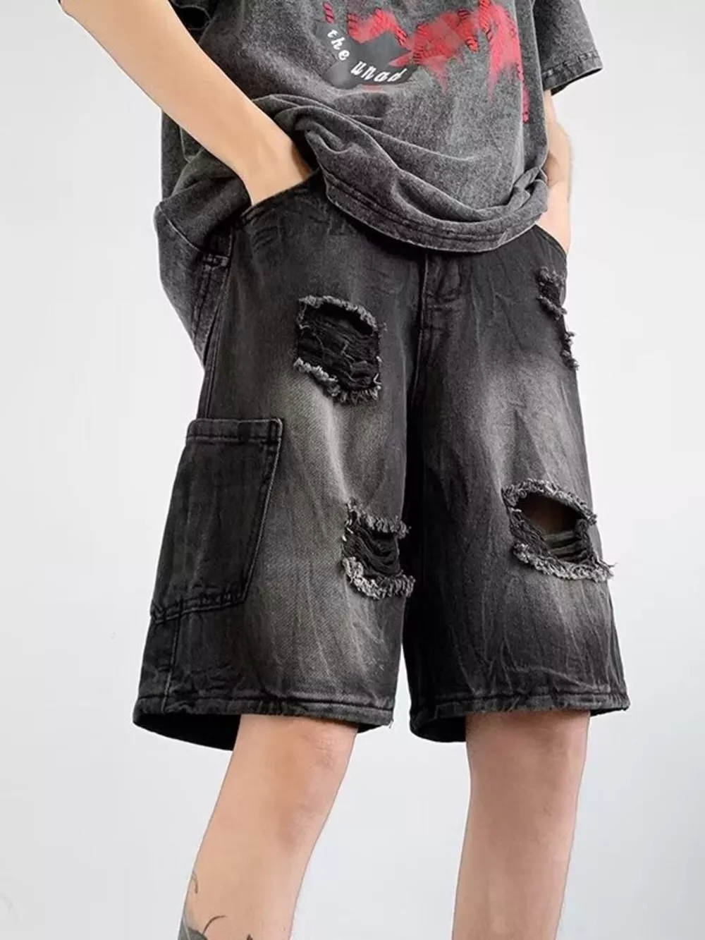 Men's Plus Size Distressed Wide Leg Denim Shorts, image 6