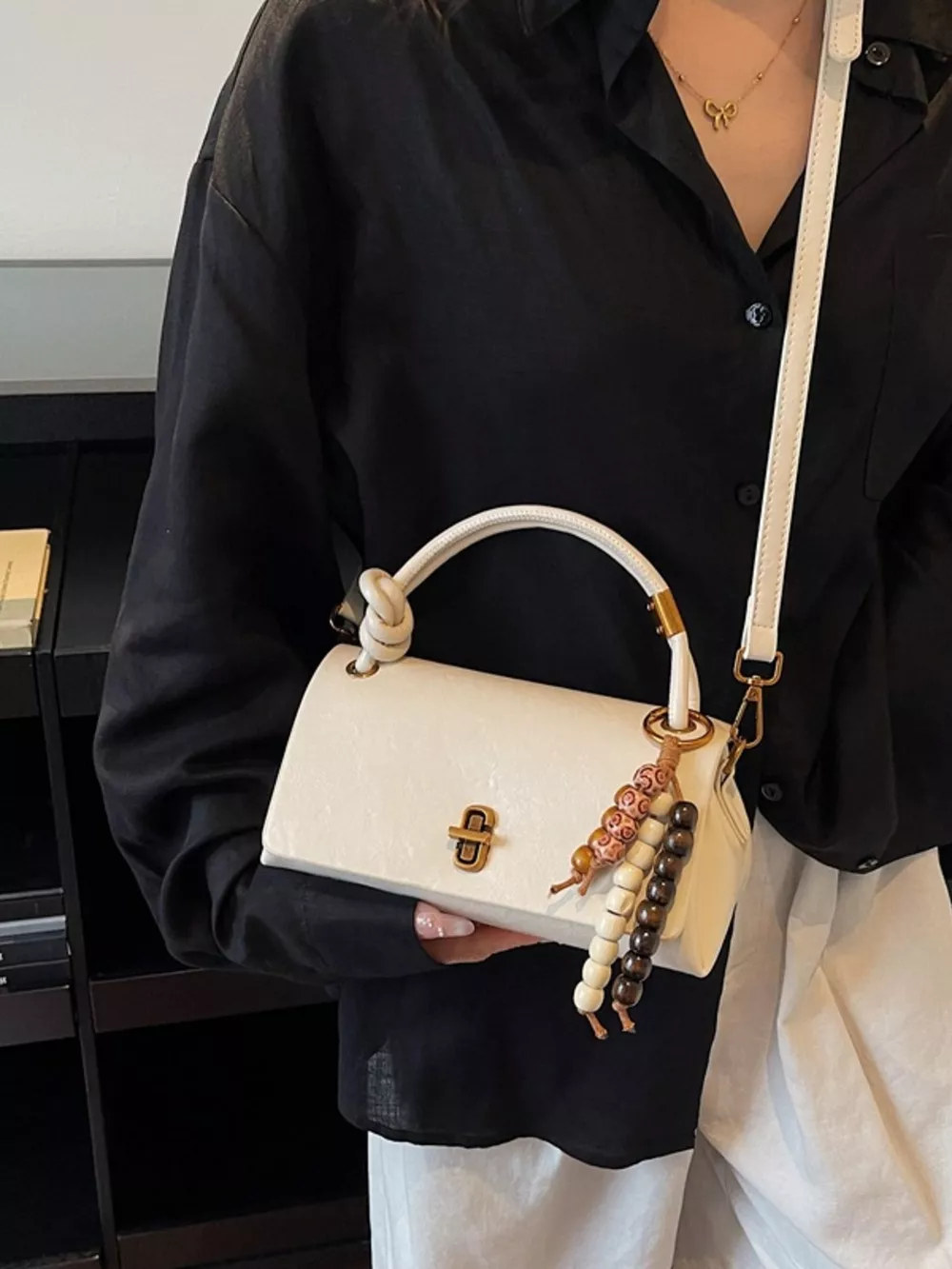 Leather Crossbody Bag with Bead Charm, image 11