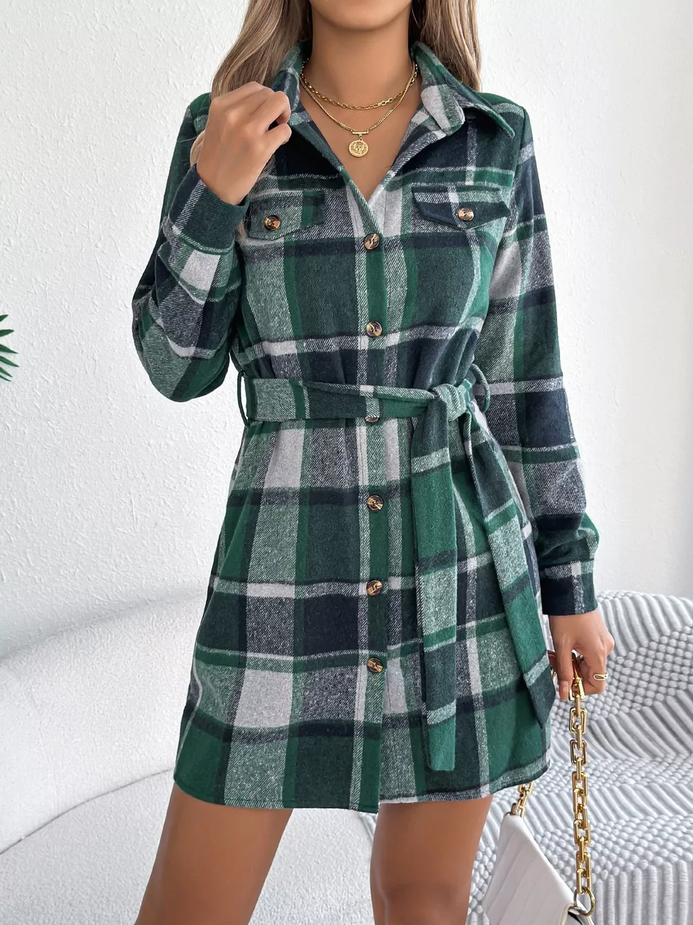 Plaid Button Front Tie Waist Shirt Dress, image 15