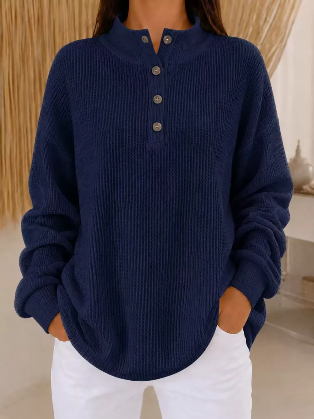 Full Size Waffle Knit Button Detail Sweatshirt Plus Size, image 5