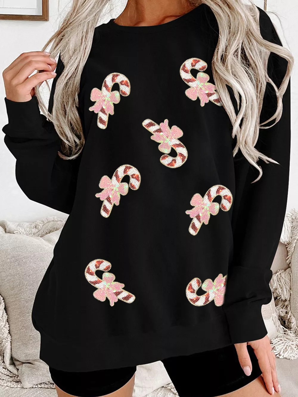 Christmas Candy Cane Sequin Patch Baggy Sweatshirt, image 4