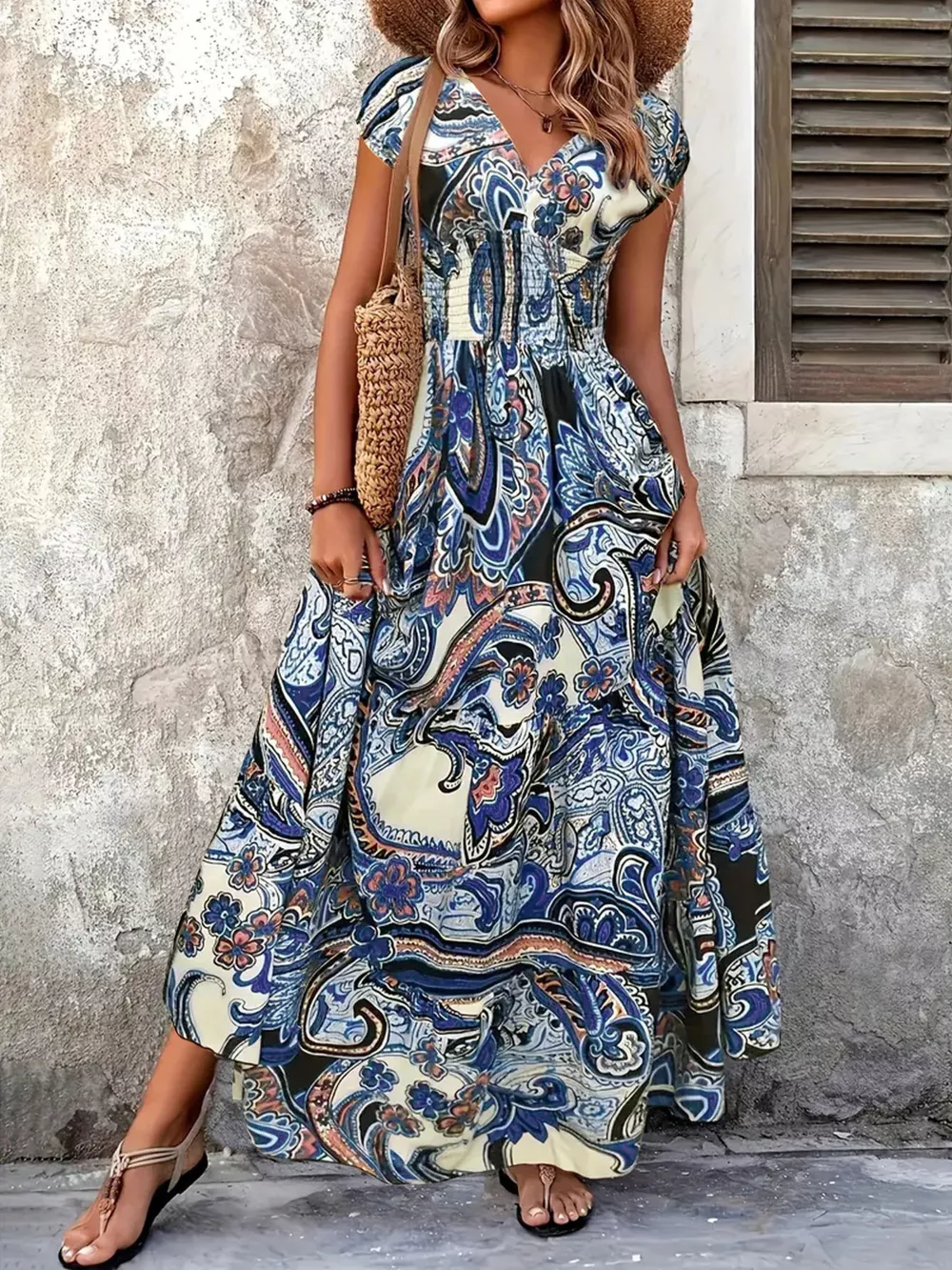 Printed V-Neck Cap Sleeve Maxi Dress, image 10