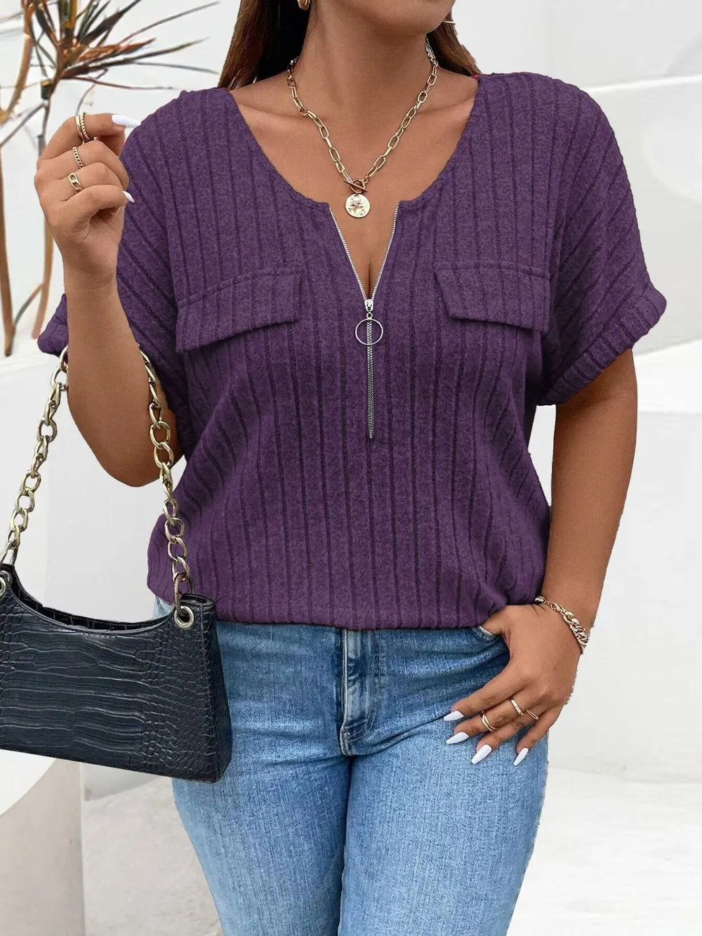 Plus Size Ribbed Half Zip Relaxed Fit T-Shirt, image 35