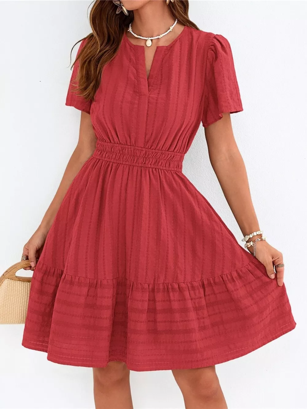 Short Sleeve Smocked Waist Tiered Dress, image 4