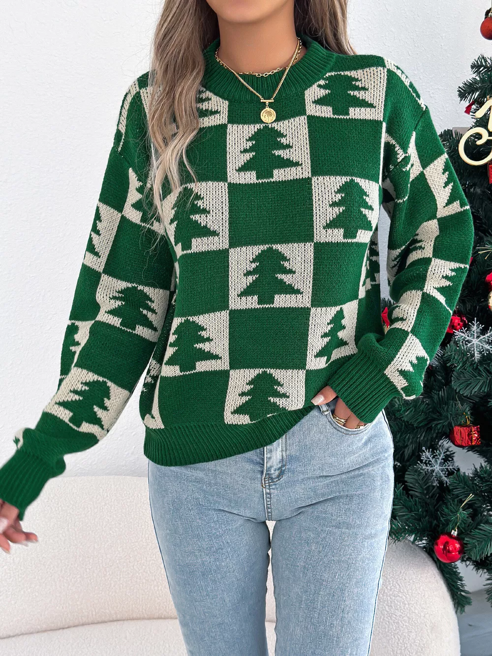 Christmas Tree Checkerboard Pattern Sweater, image 6