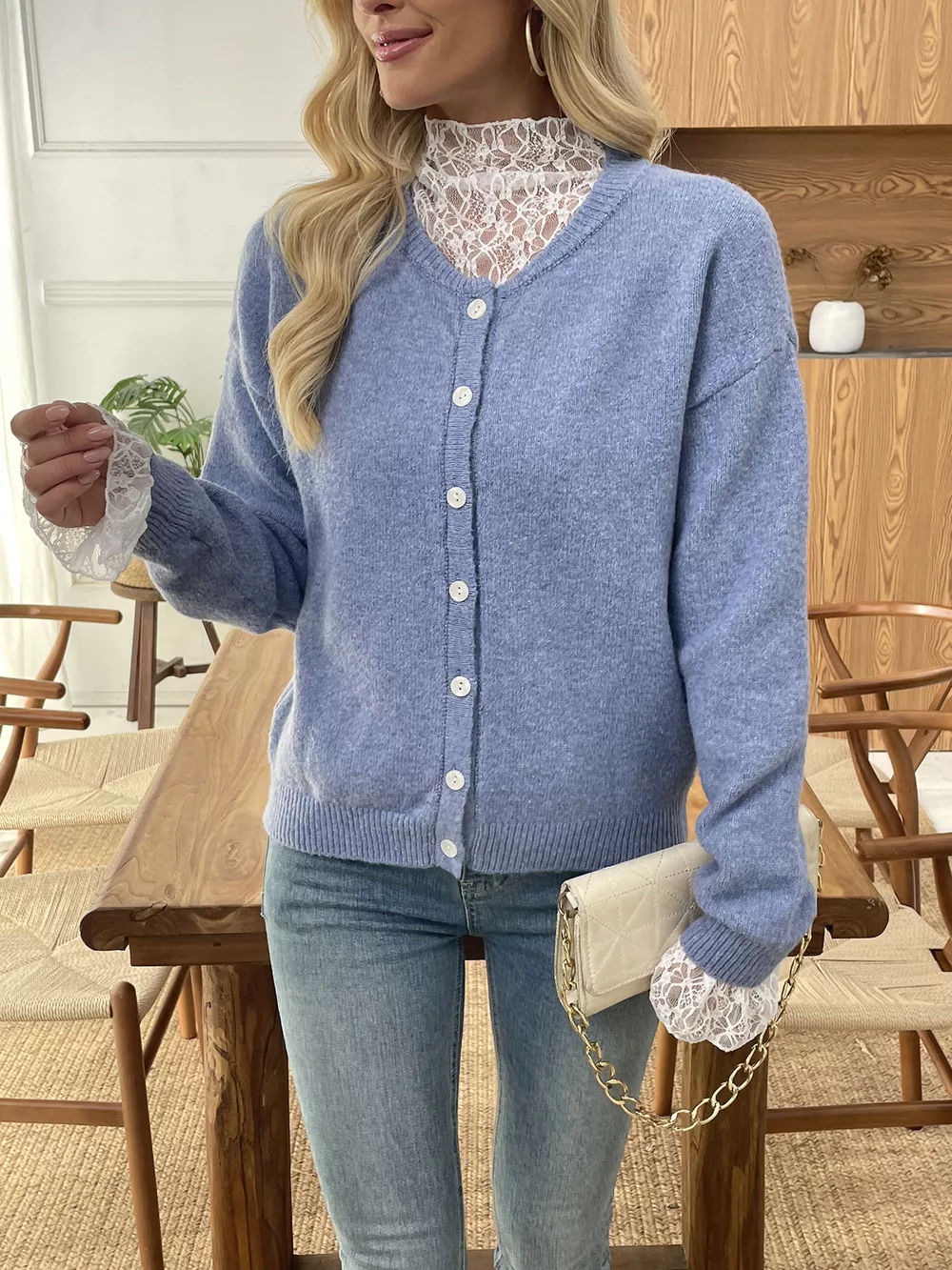 Button-Down Cardigan with Delicate Lace Trim, image 3