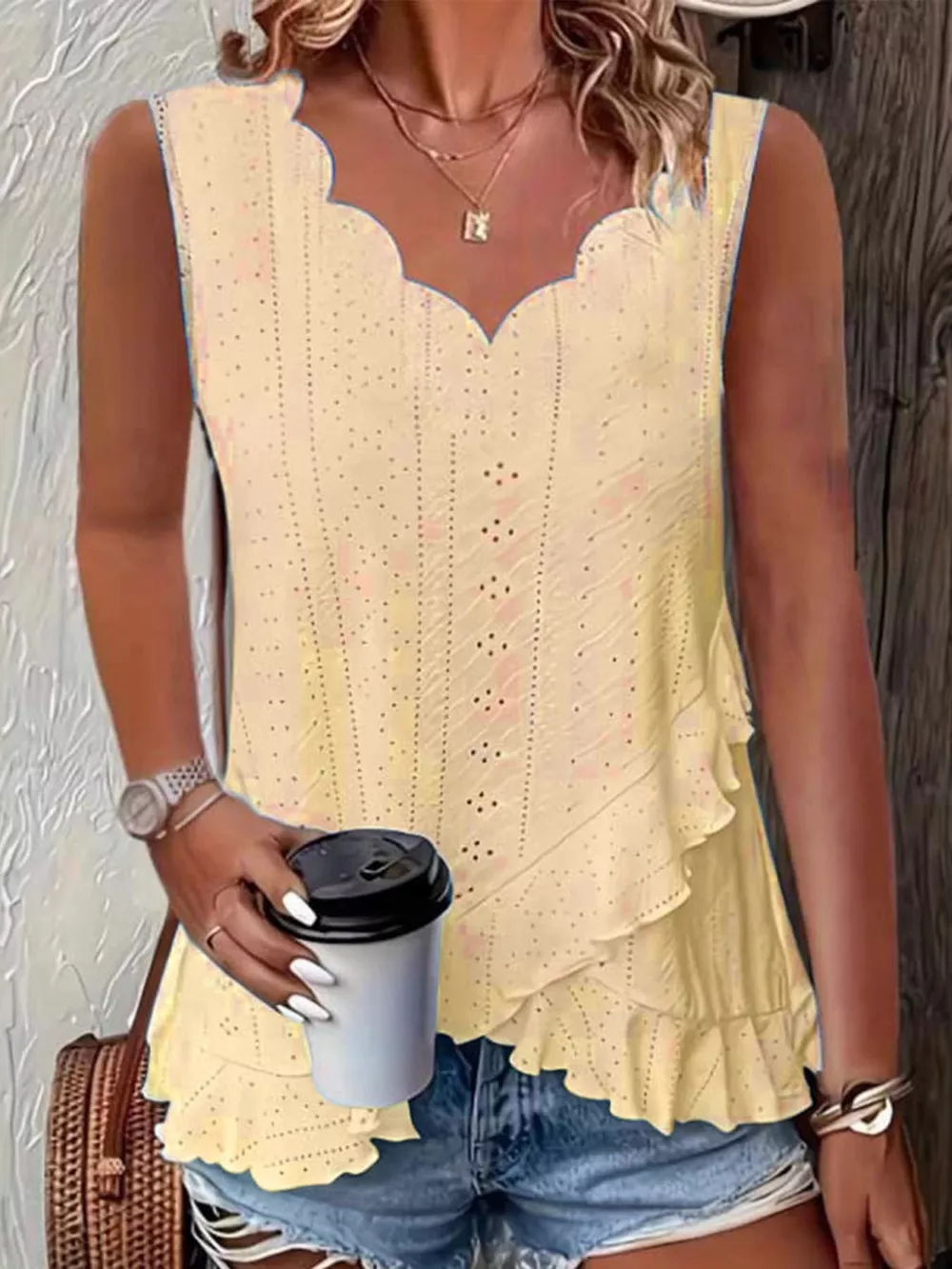 V-Neck Eyelet Ruffled Tank Top, image 8