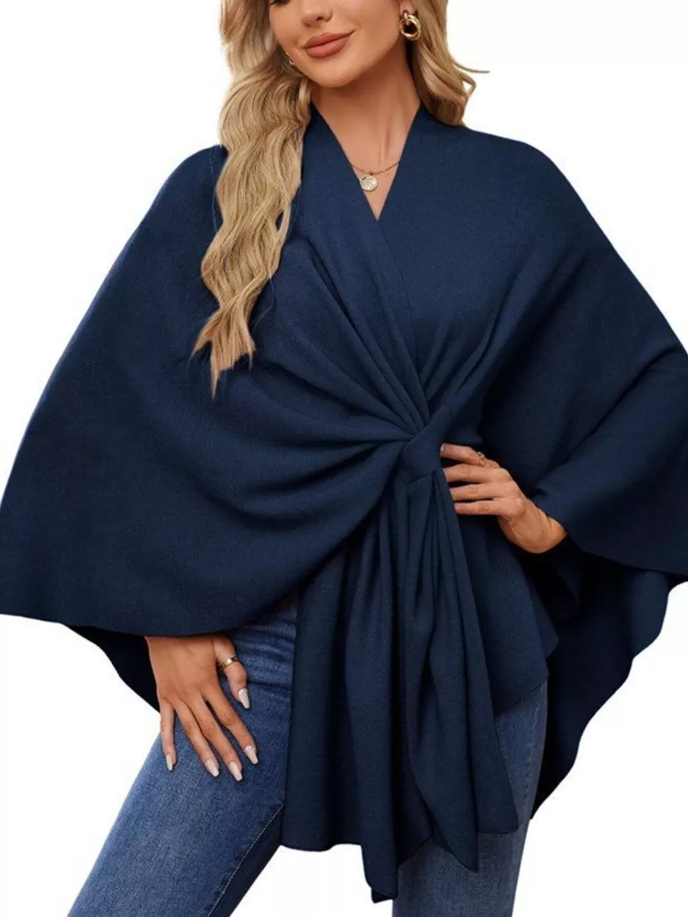 Solid Color Tie-Front Knit Cape Top, image 34
