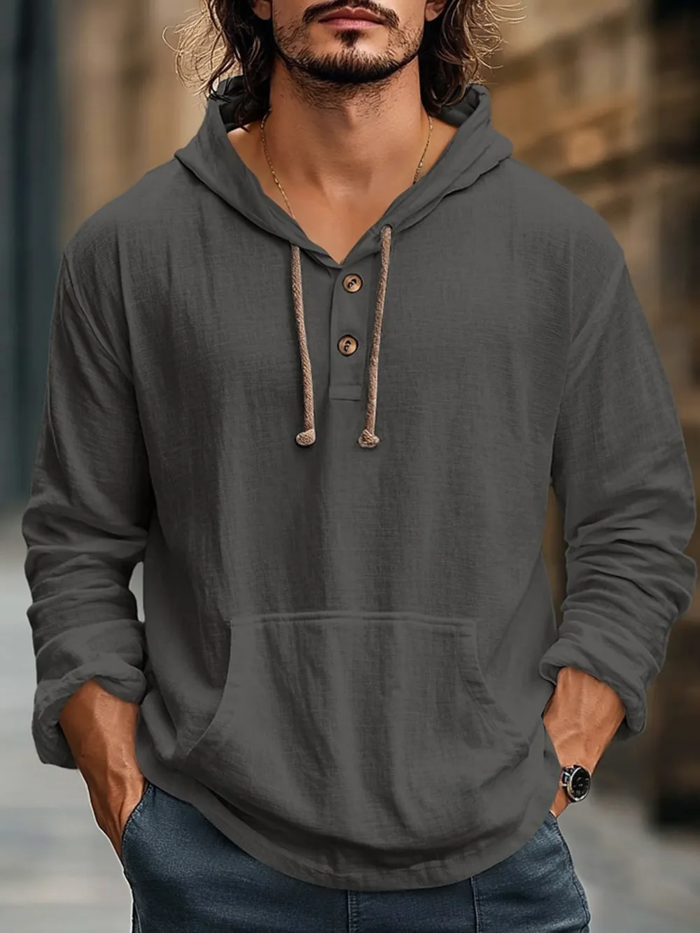 Men's Full Size Drawstring Long Sleeve Hoodie with Button Details Plus Size, image 4