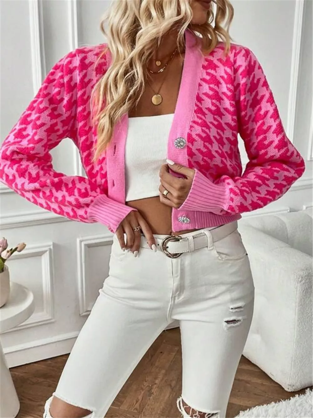 Houndstooth V-Neck Button Up Cardigan, image 19