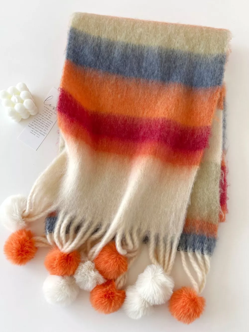 Rainbow Striped Fuzzy Scarf with Pom-Poms, image 5