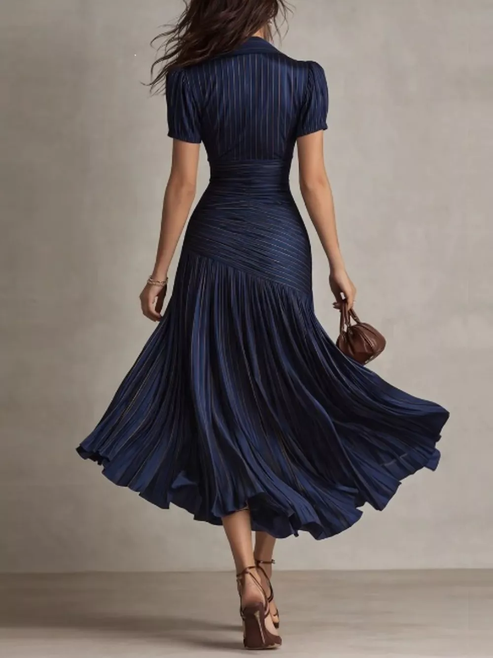Pleated Striped Short Sleeve Midi Dress, image 3