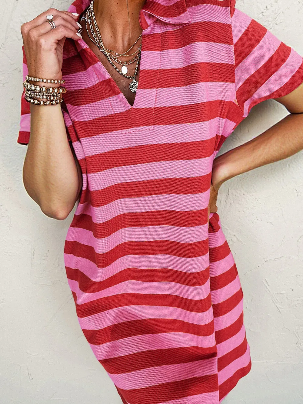 Striped Johnny Collar Short Sleeve Dress, image 5