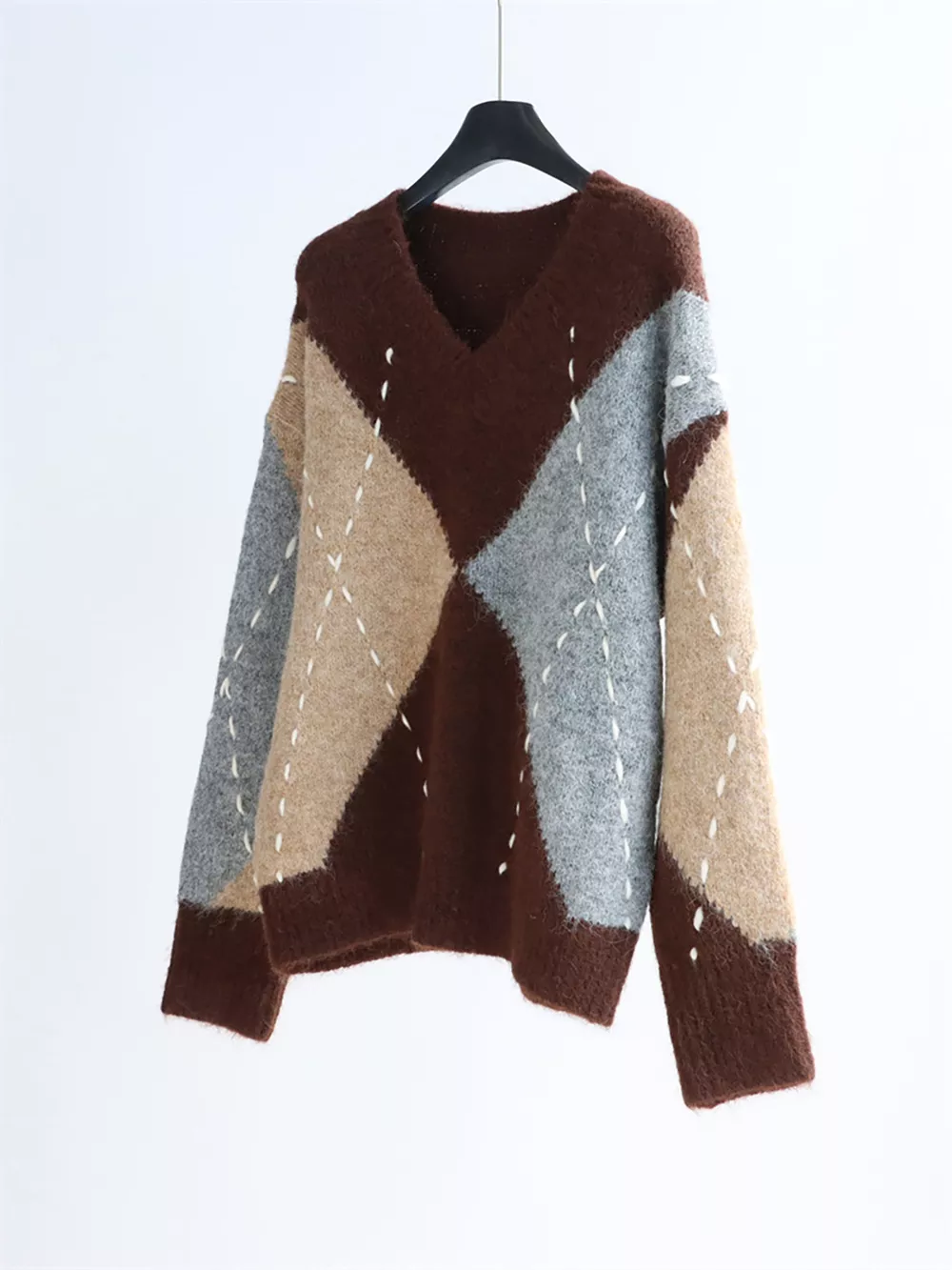 Argyle Pattern V-Neck Oversized Sweater, image 10