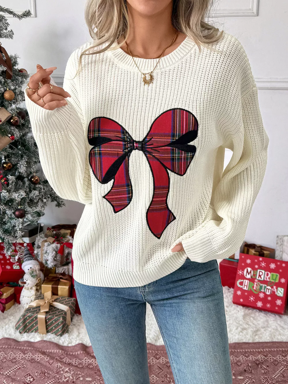 Christmas Bow Dropped Shoulder Sweater, image 3