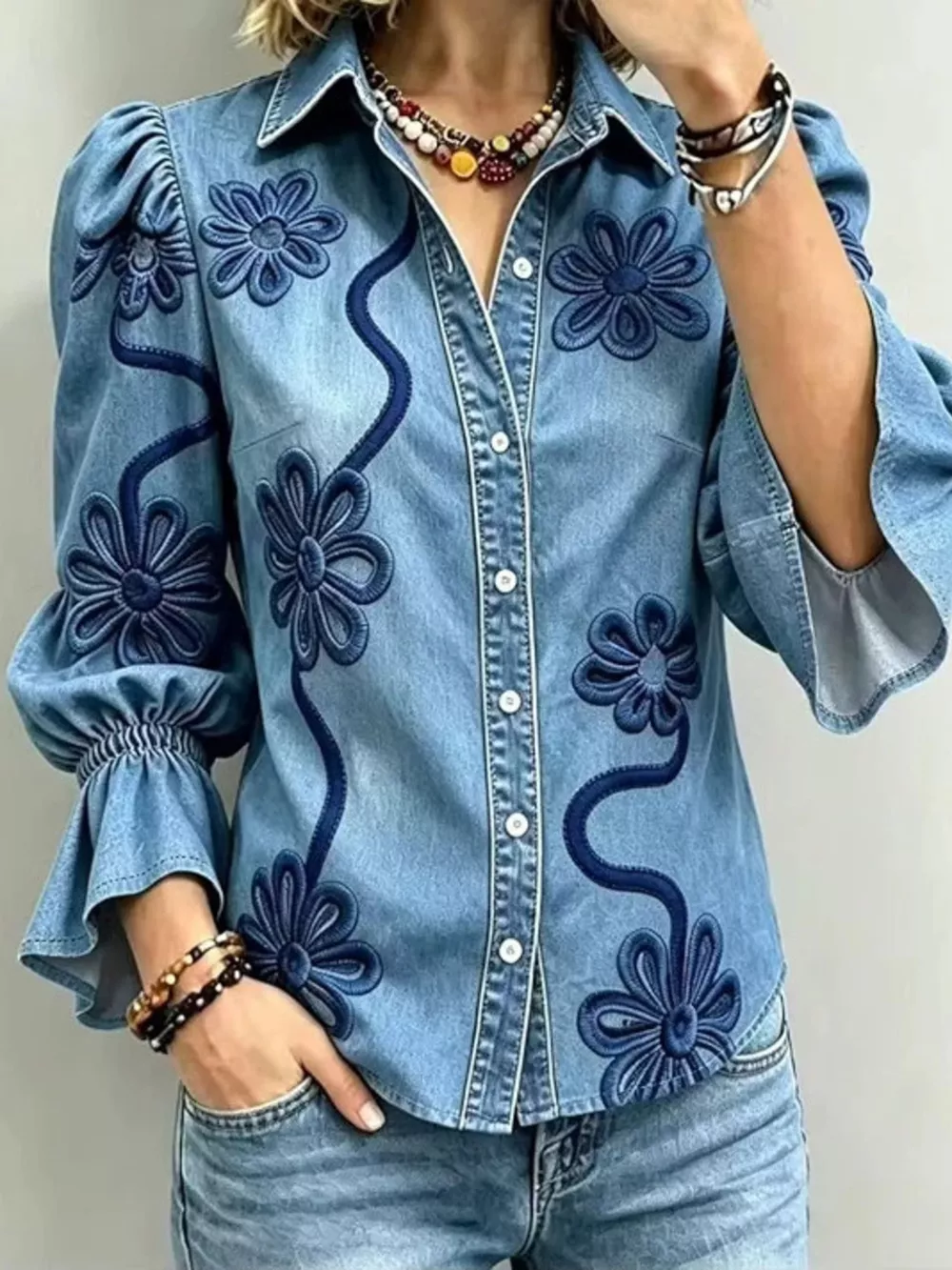 Full Size Denim Lock Floral Embroidered Shirt Plus Size, image 3