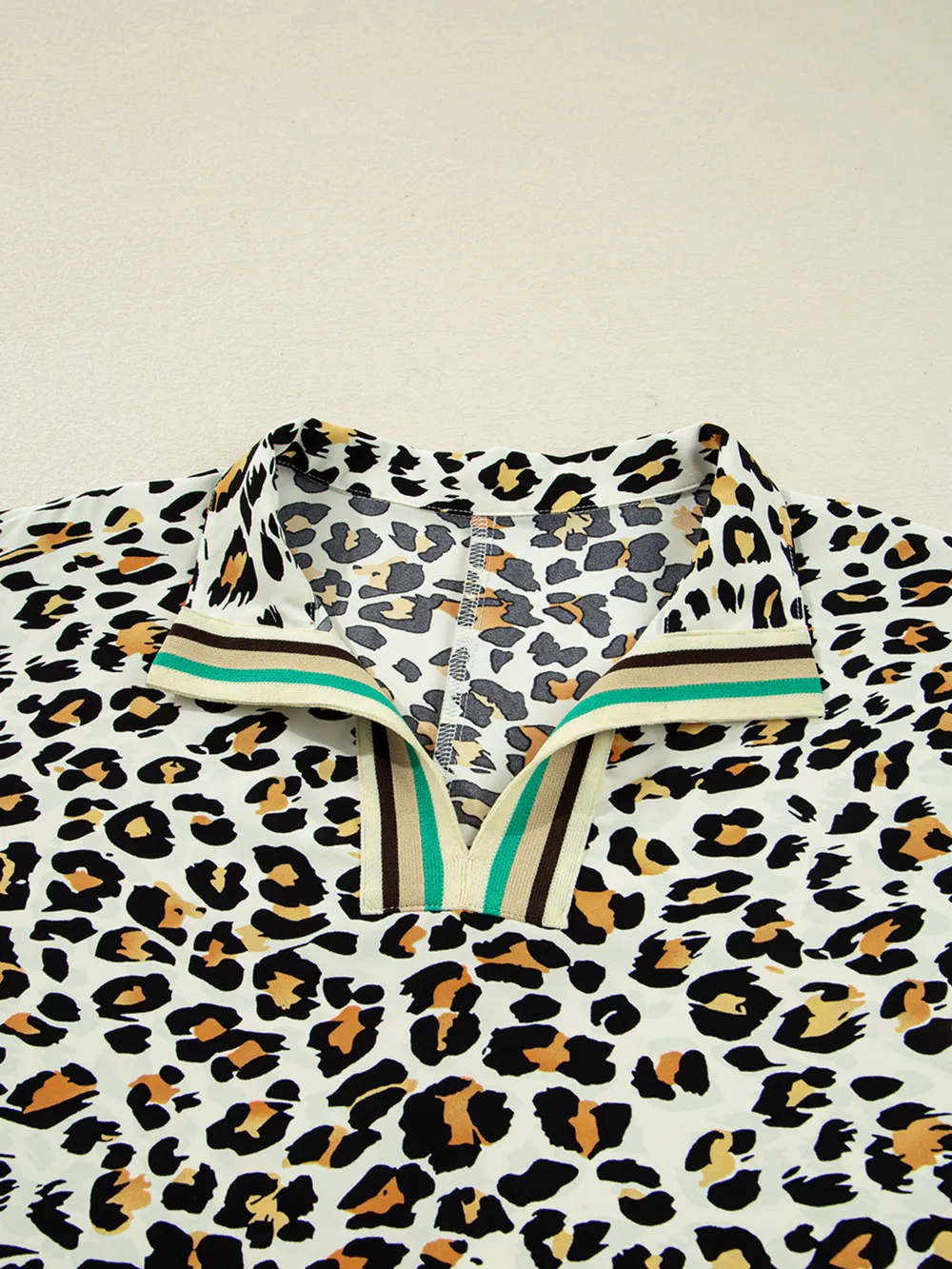 Leopard Print Contrast Striped V Neck Blouse, image 8