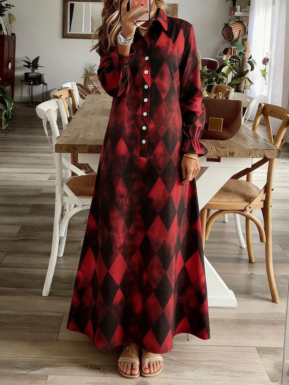 Argyle Print Button-Down Maxi Dress, image 2