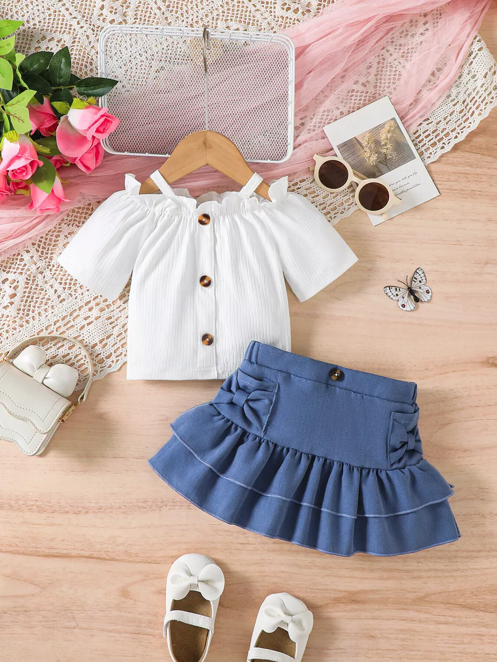 Children's Off-Shoulder Top and Ruffled Denim Skirt Set, image 3