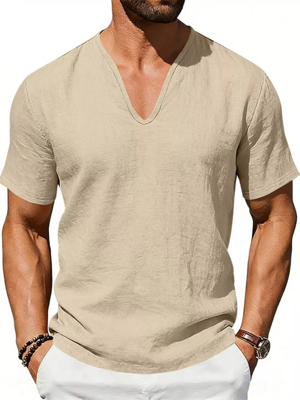 Men's Full Size Casual V-Neck Linen T-Shirt Plus Size, image 11