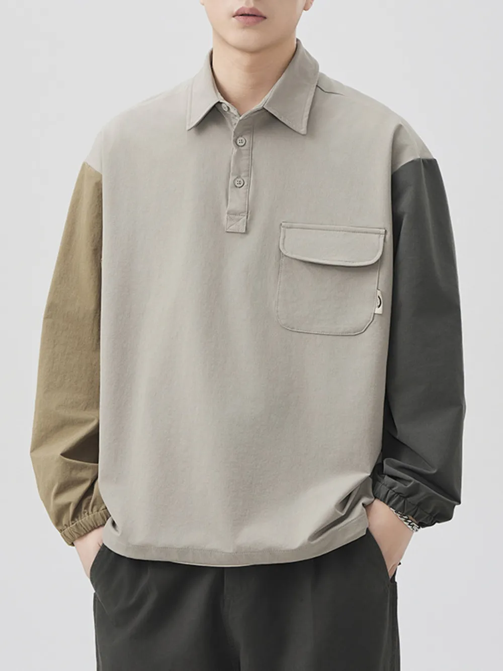 Men's Plus Size Color Block Button Detail Polo