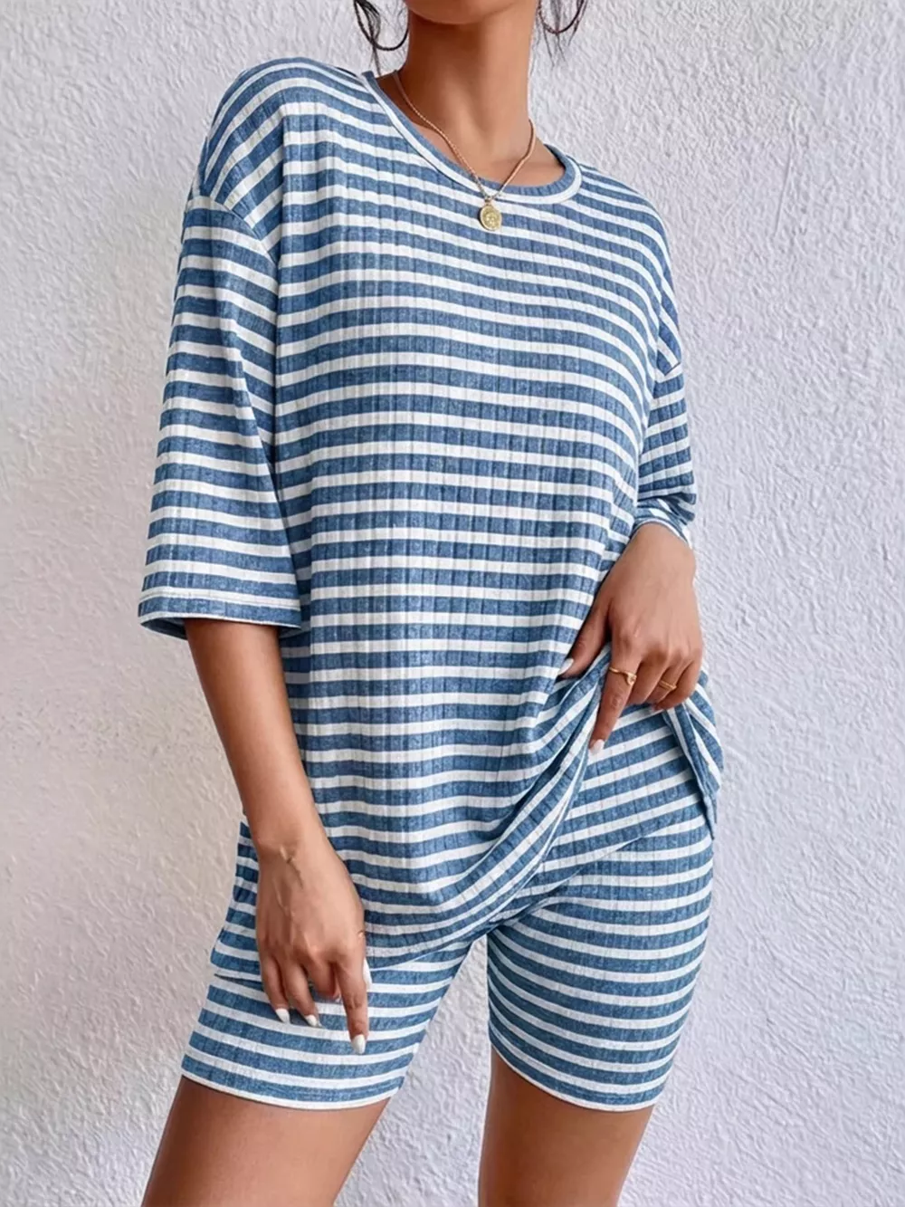 Striped Round Neck Top and Shorts Set, image 13