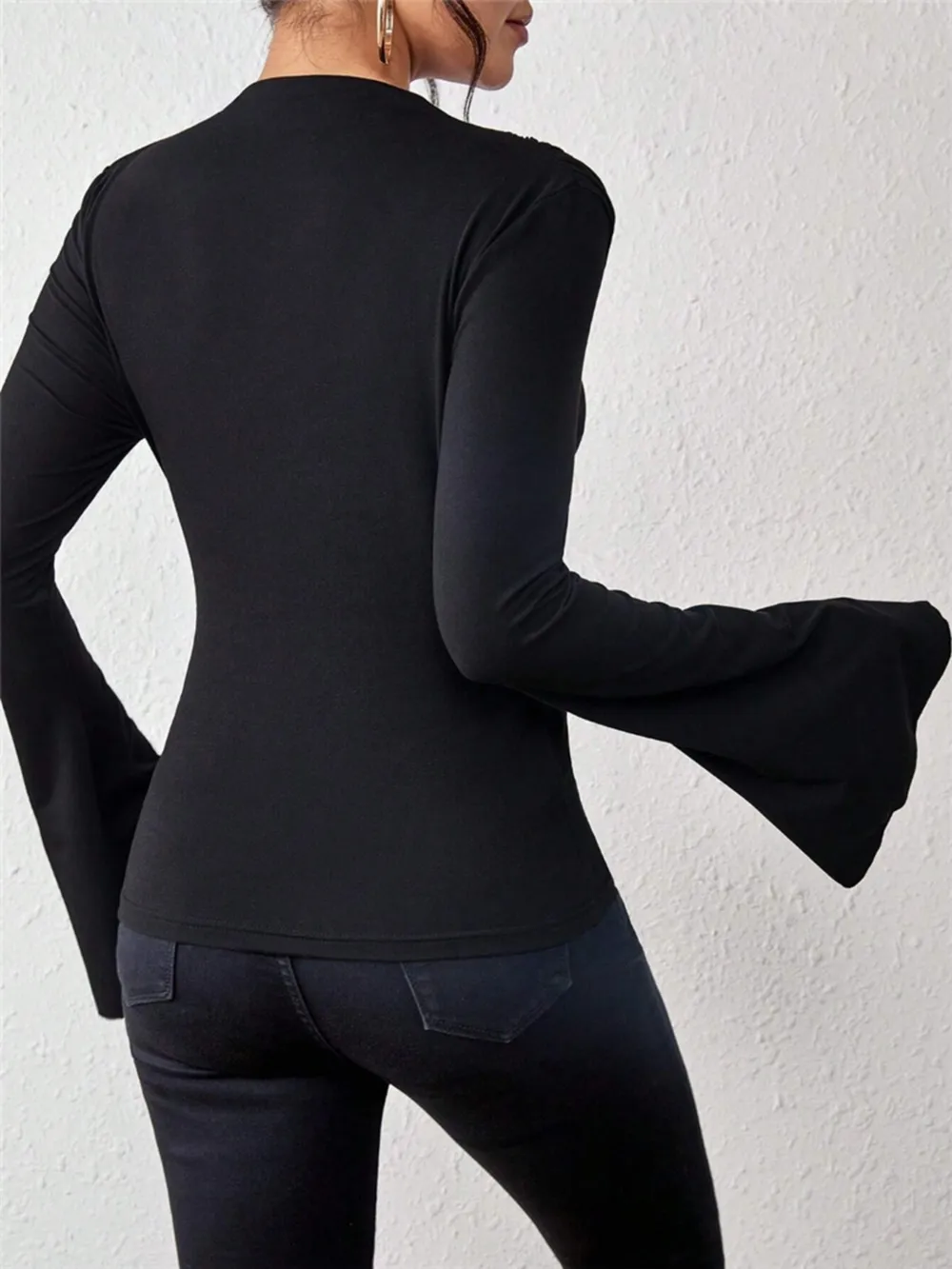 Bell Sleeve Ruched Fitted T-Shirt with Mock Neck, image 9