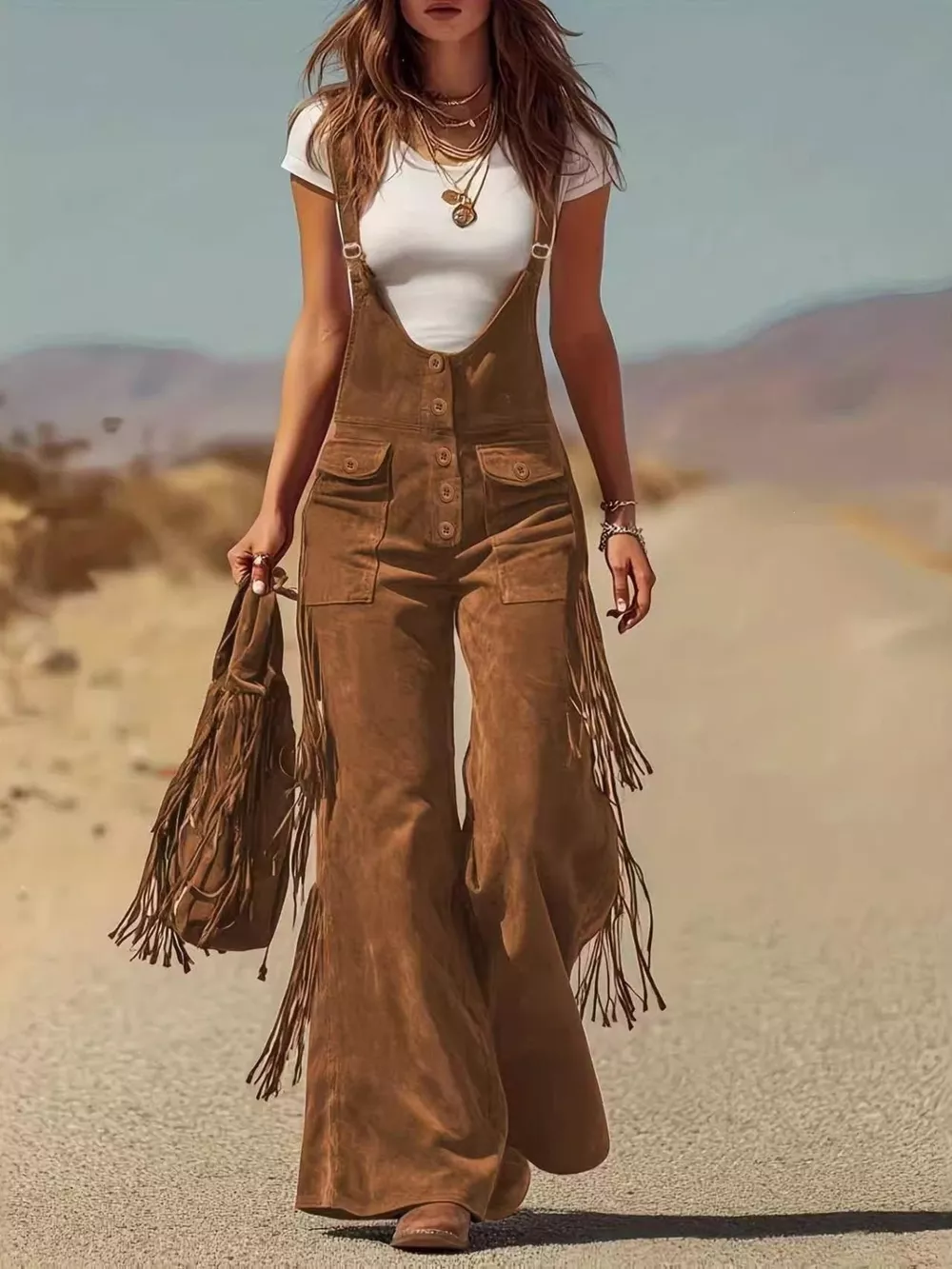 Fringe Detail Flare Leg Overalls, image 7