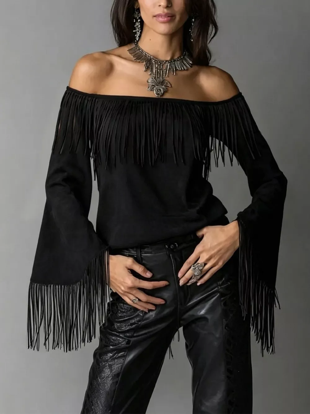 Full Size Fringed Off-Shoulder Flare Sleeve Top Plus Size
