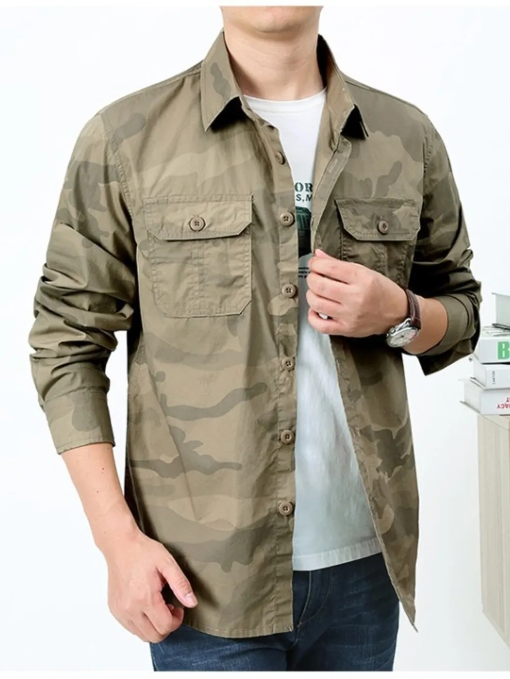 Men's Plus Size Camouflage Print Long Sleeve Shirt, image 9