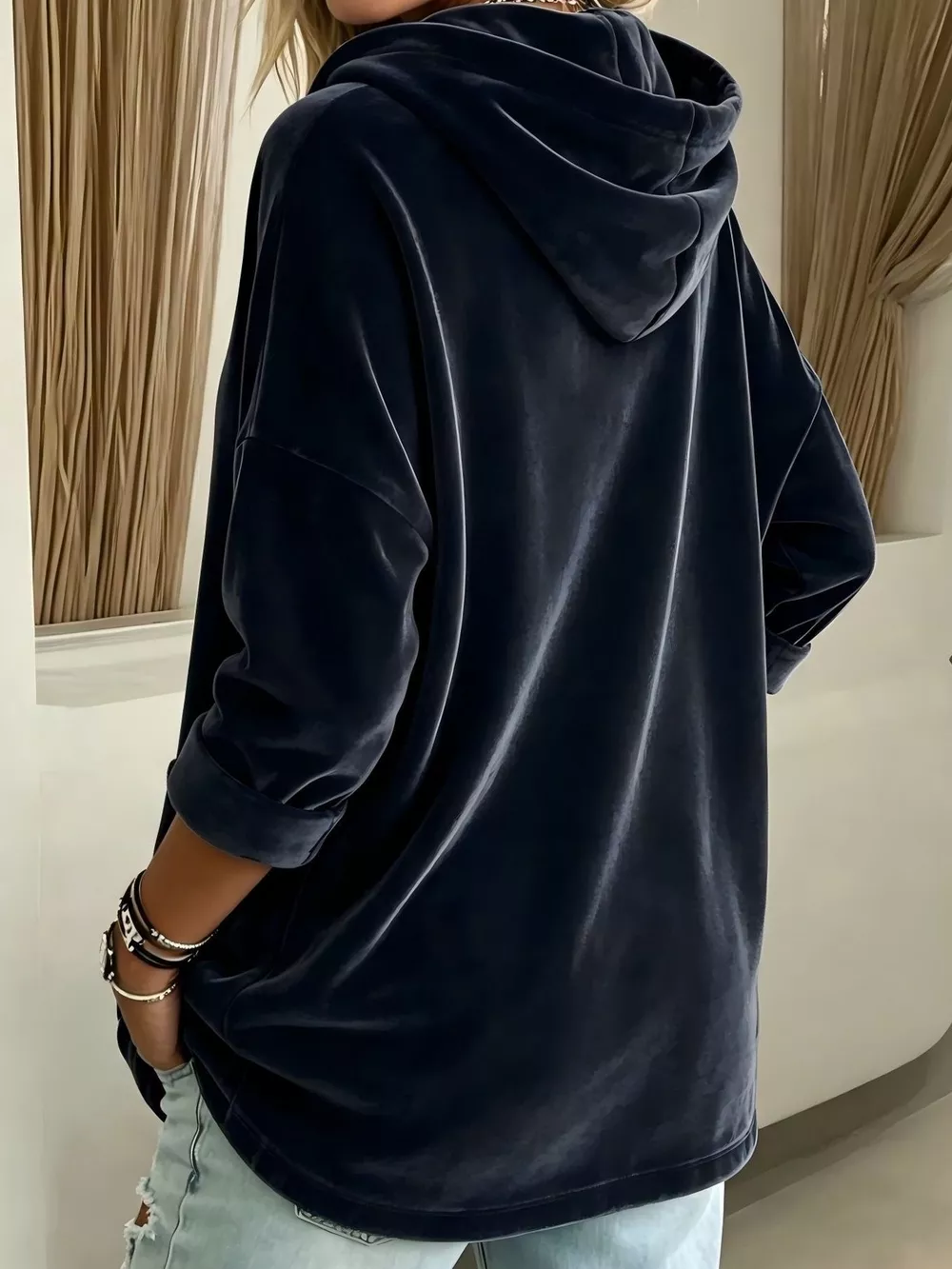 Full Size Velvet Long Sleeve Hoodie with Front Pockets Plus Size, image 4