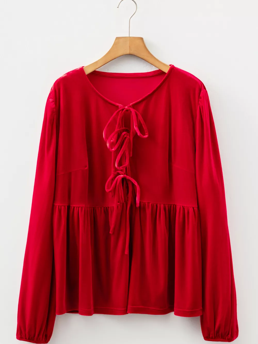 Plus Size Tie Front Velvet Peplum Blouse, image 7