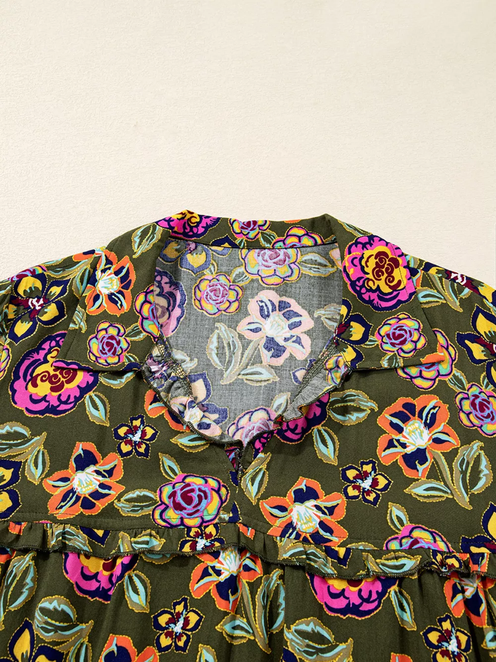 Floral Print Split Neck Bubble Sleeve Shift Mini Dress, image 8