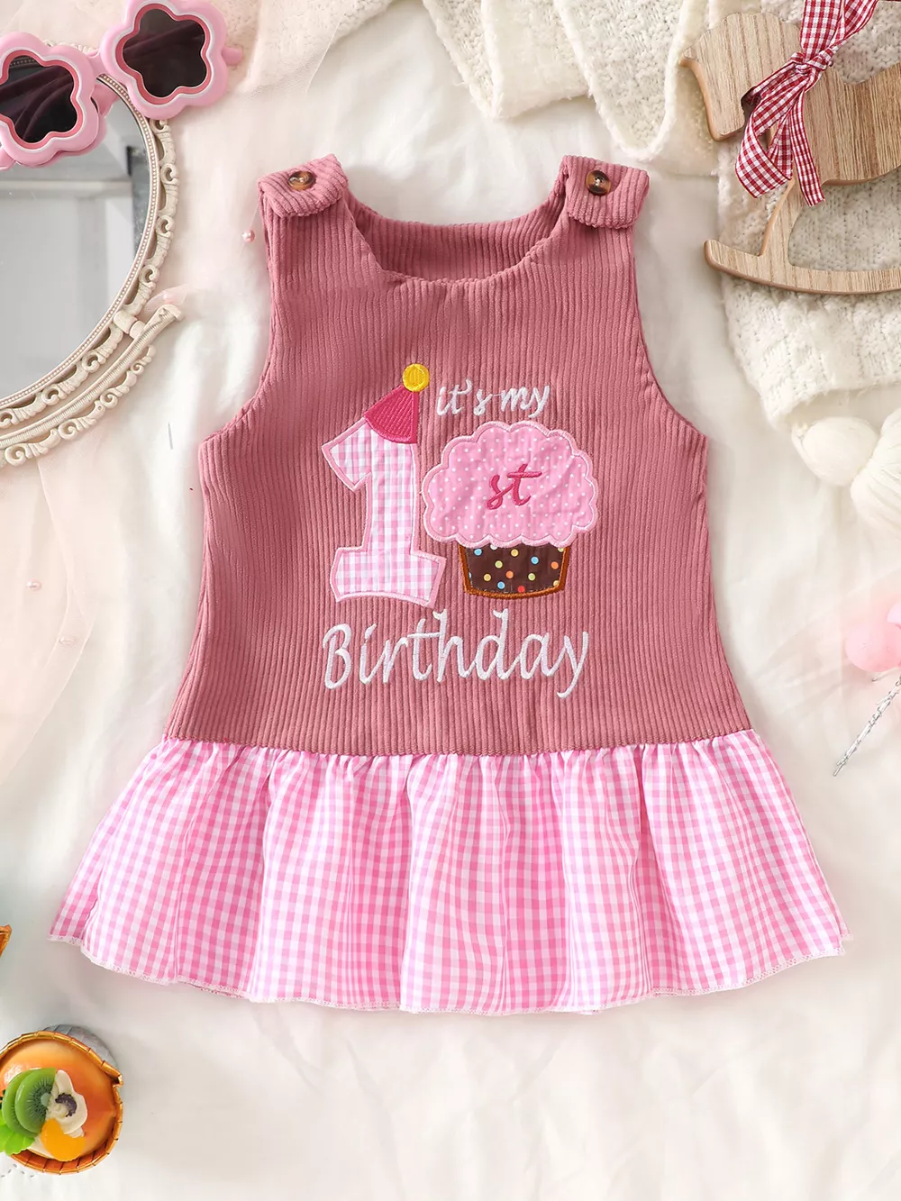 Children's Plaid Hem Corduroy Sleeveless Dress, image 7