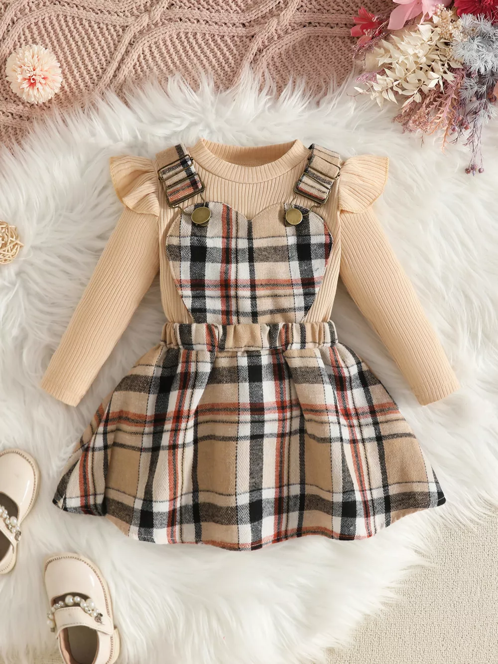 Children's Plaid Suspender Skirt Set with Ribbed Long Sleeve Top