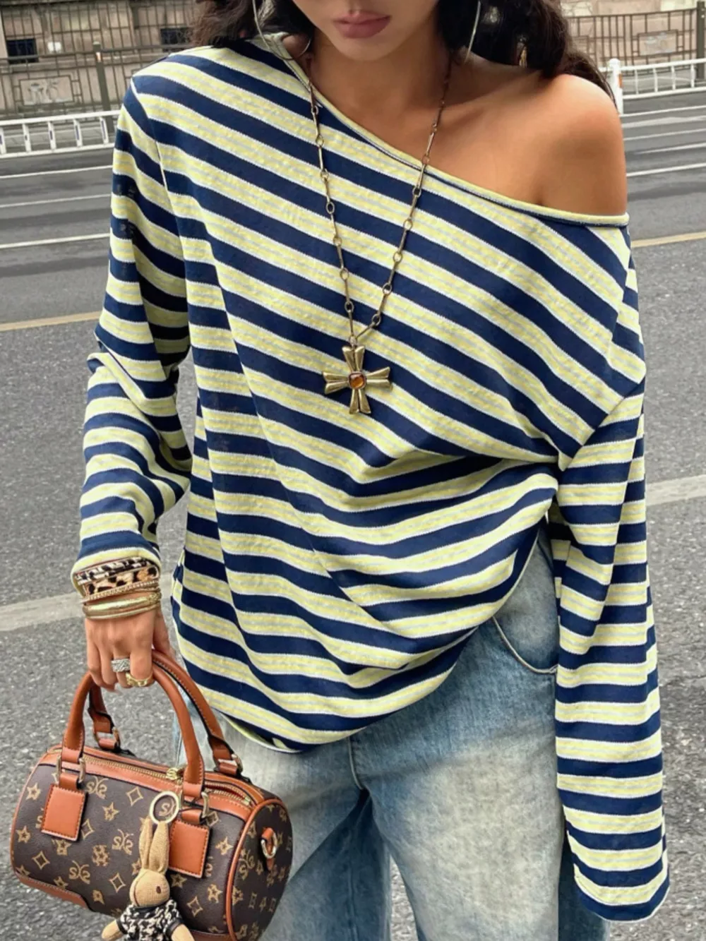 Off-Shoulder Striped Long Sleeve T-Shirt, image 6